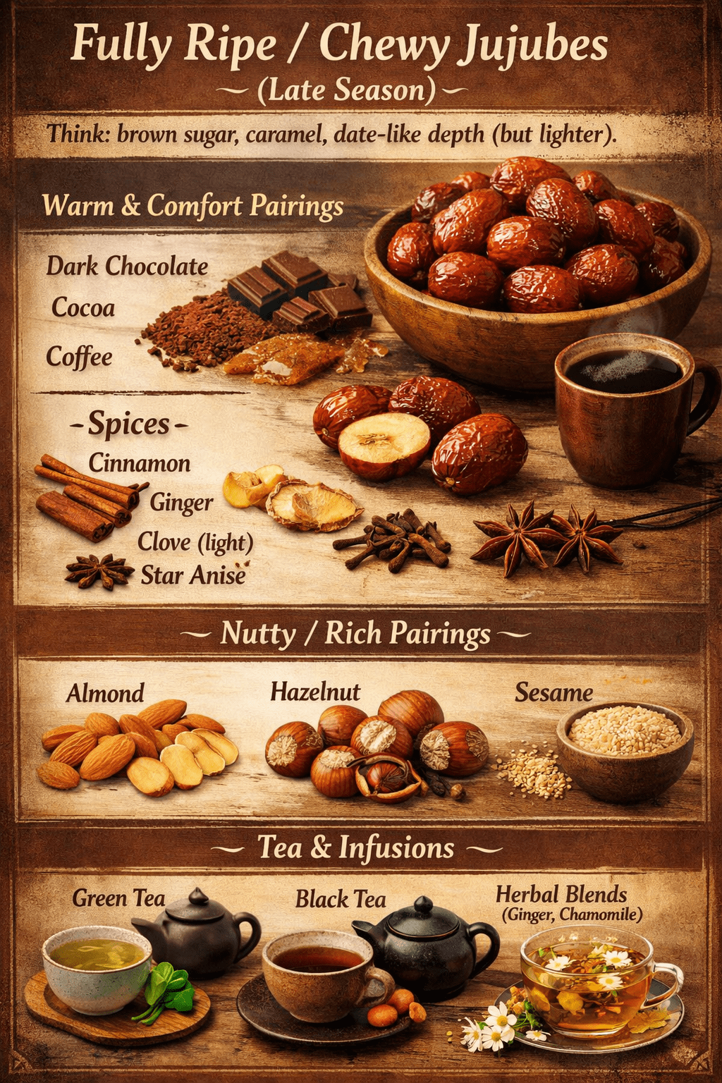 Fully ripe chewy jujubes with caramel and brown sugar flavor, paired with dark chocolate, coffee, warm spices, nuts, and tea