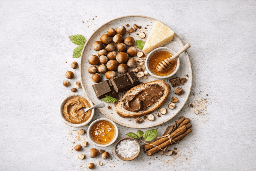 Flat lay of fresh hazelnuts with chocolate, honey, hazelnut butter, and sea salt illustrating hazelnut flavor profile and culinary uses.