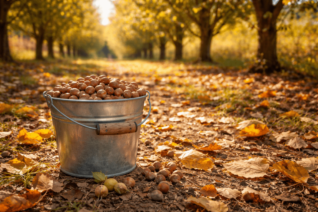 Freshly harvested hazelnuts in a metal bucket resting on the orchard floor during fall U-pick season in Wisconsin.