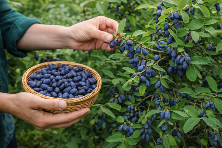 Hands harvesting honeyberries from a compact bush, showing how easy honeyberries are to pick at a U-pick farm in Green County, Wisconsin