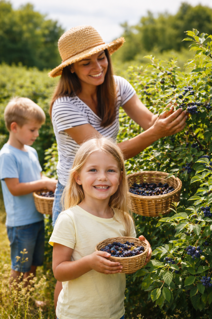 Family picking honeyberries together at a U-pick farm near Brodhead, Wisconsin