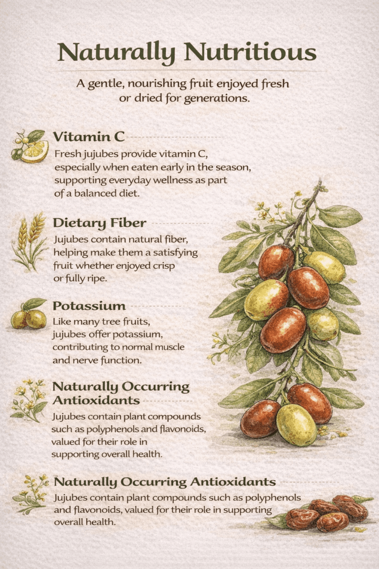 Illustrated overview of jujube nutrition highlights, including vitamin C, dietary fiber, potassium, and antioxidants in fresh jujubes grown in Wisconsin.