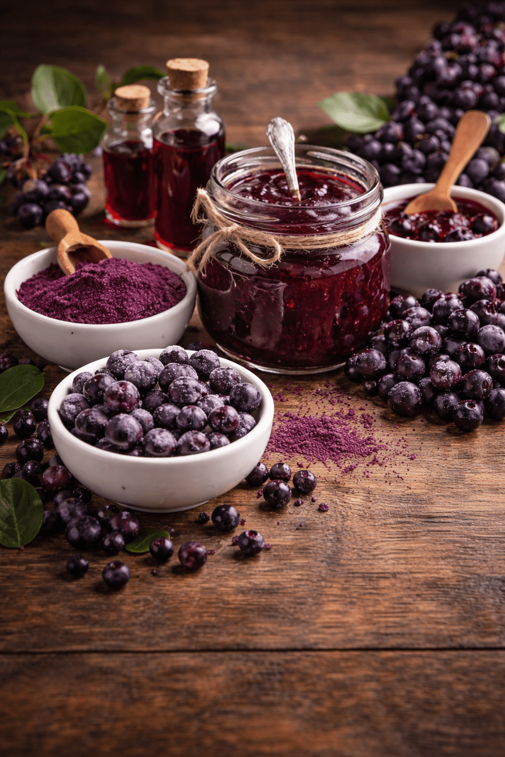 Preserved juneberries shown as jam, syrup, frozen berries, and dried berry powder on a rustic wooden table