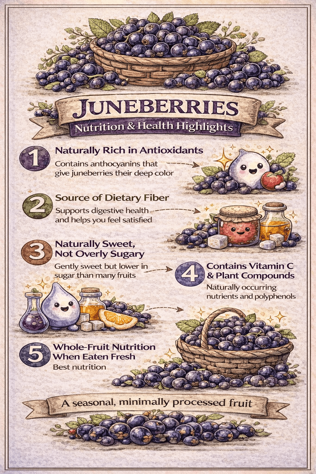 Illustrated infographic showing Juneberries nutrition and health highlights, including antioxidants, fiber, natural sweetness, vitamin C, and whole-fruit benefits