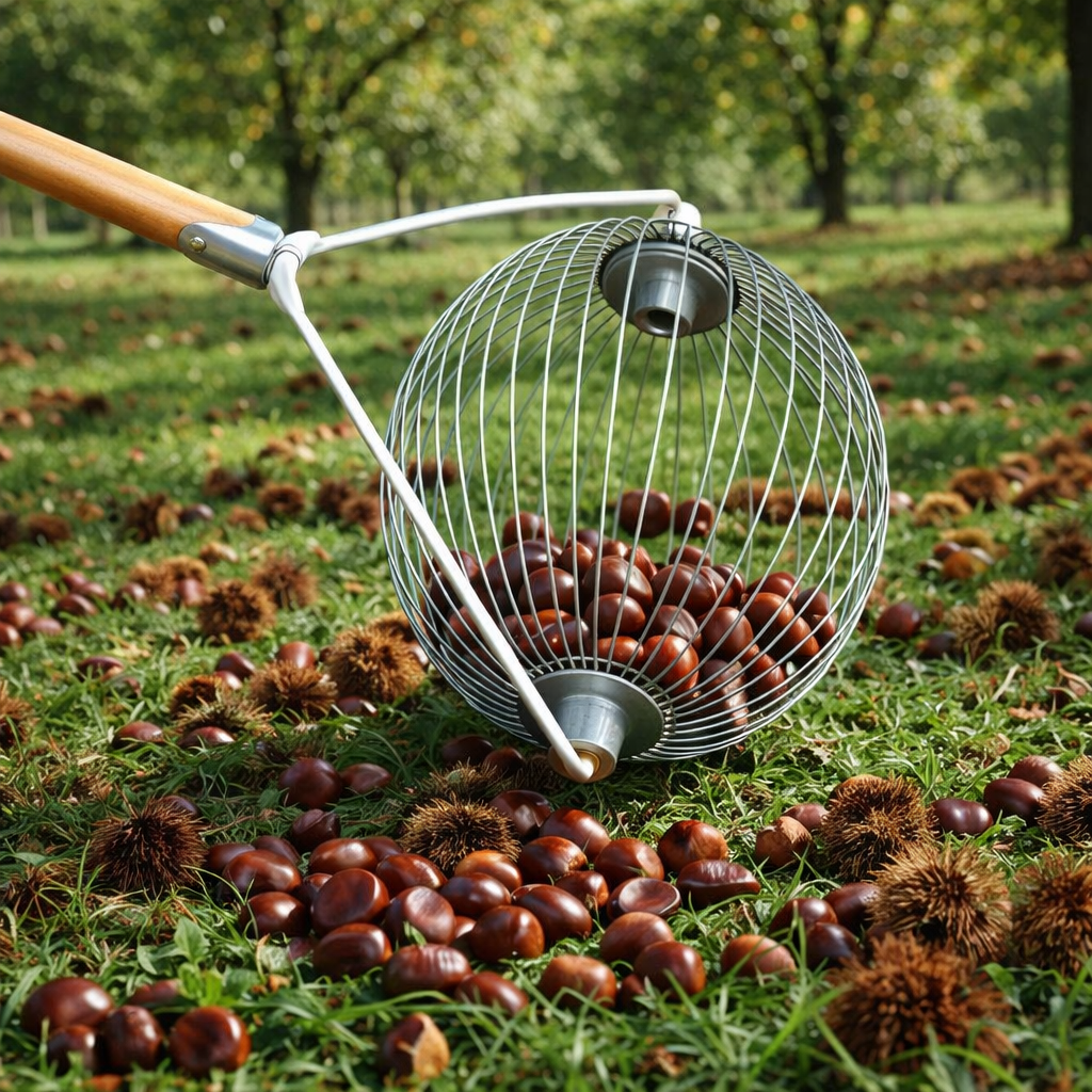 Nut Wizard tool collecting fresh chestnuts from the orchard floor during fall harvest at Nuts About Dee’s Berries in Brodhead Wisconsin