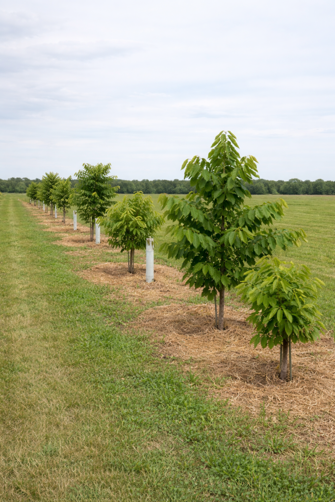 Row of young American pawpaw trees planted with wide spacing and mulch