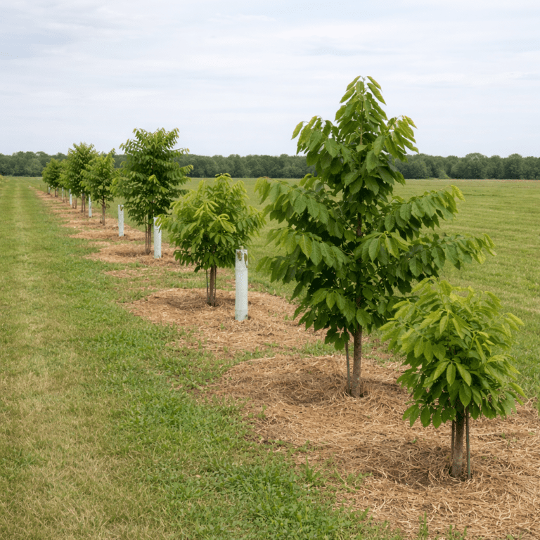 Row of young American pawpaw trees planted with wide spacing and mulch