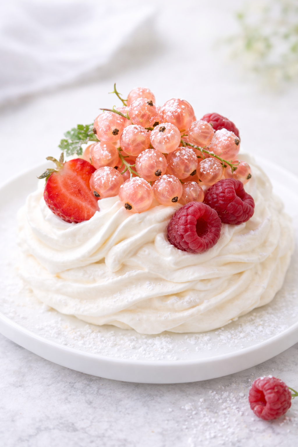 Pink currants served on whipped cream with strawberries and raspberries on a white plate