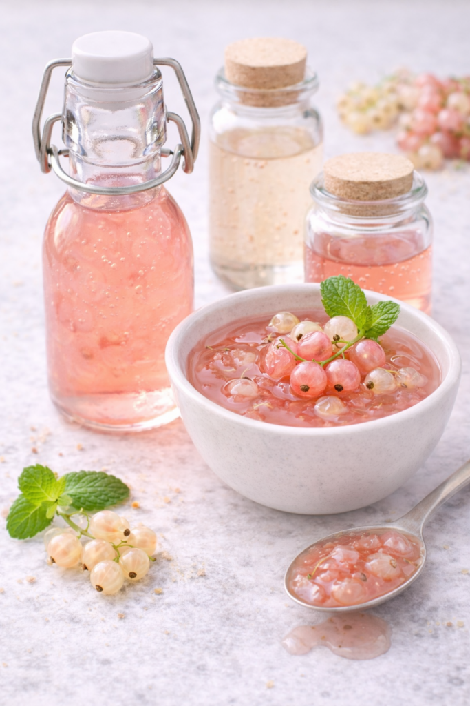 Light pink and white currant–infused syrups and delicate fruit sauce in glass bottles and bowl, highlighting subtle color and gentle texture.