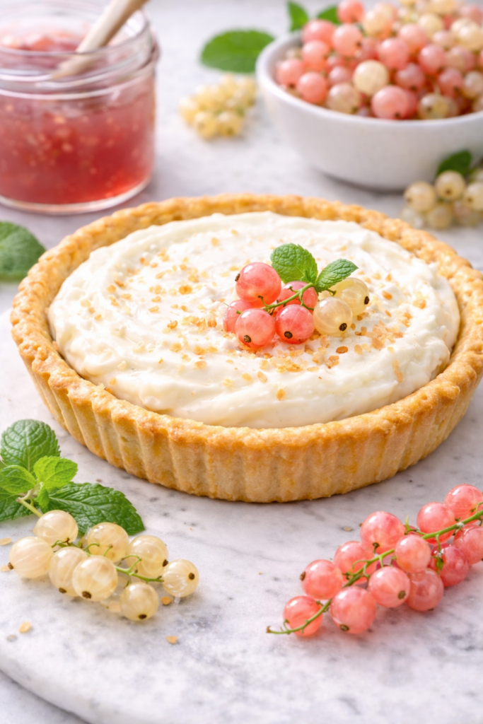 Light tart topped with a small cluster of pink and white currants on a creamy filling
