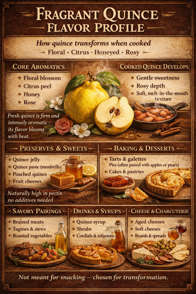 Bold infographic showing the flavor profile and culinary uses of quince, including preserves, baking, savory dishes, drinks, and cheese pairings in Wisconsin