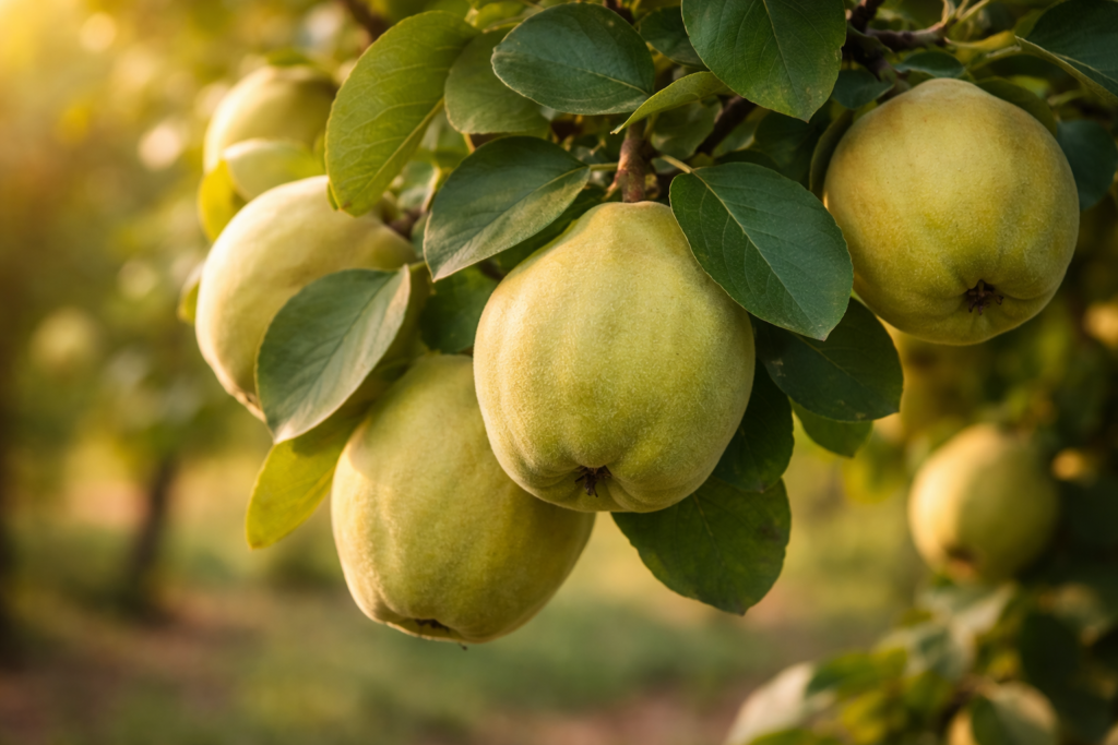 Firm quince fruit growing on the tree during fall harvest season in Wisconsin
