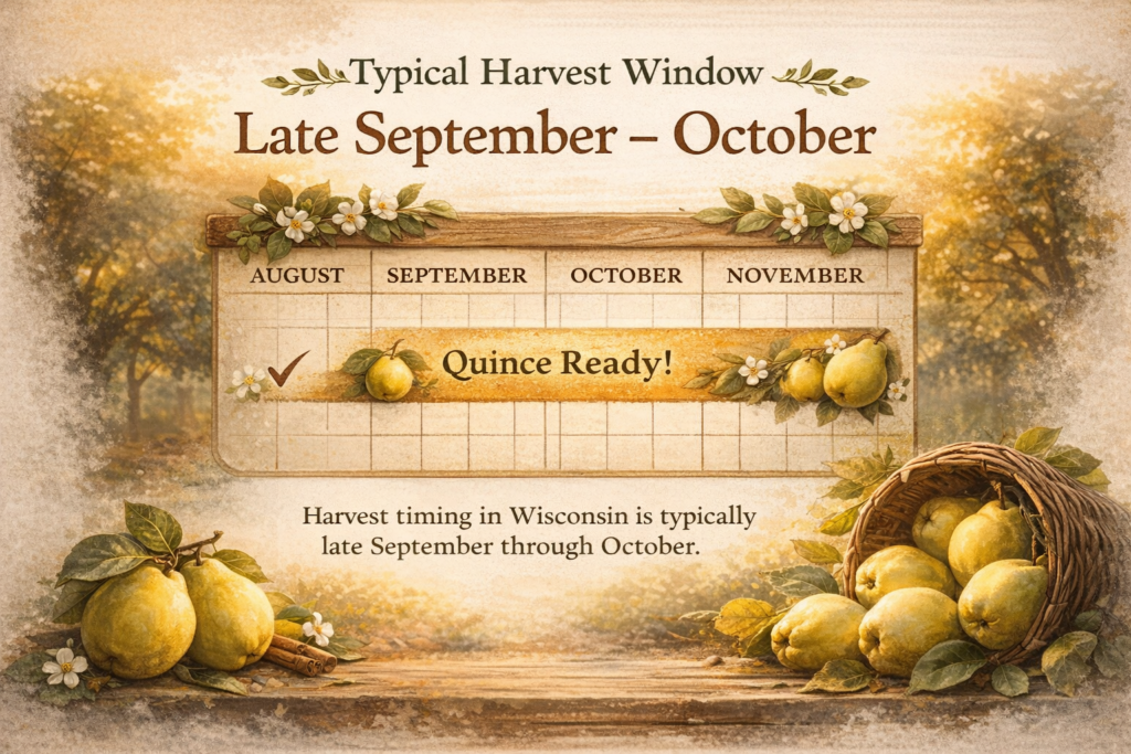 Infographic showing the typical quince harvest window from late September through October in Wisconsin