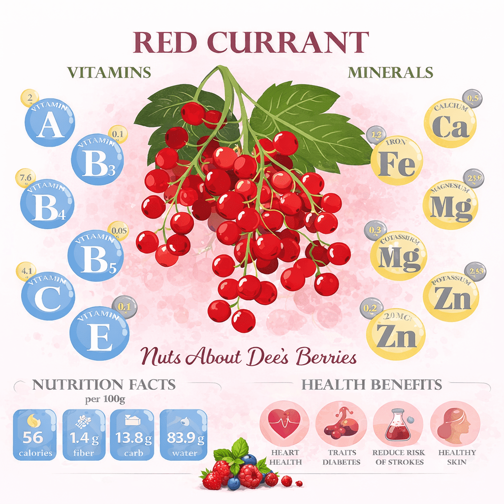 Illustrated infographic showing red currant nutrition, vitamins, minerals, and health benefits at Nuts About Dee’s Berries in Wisconsin