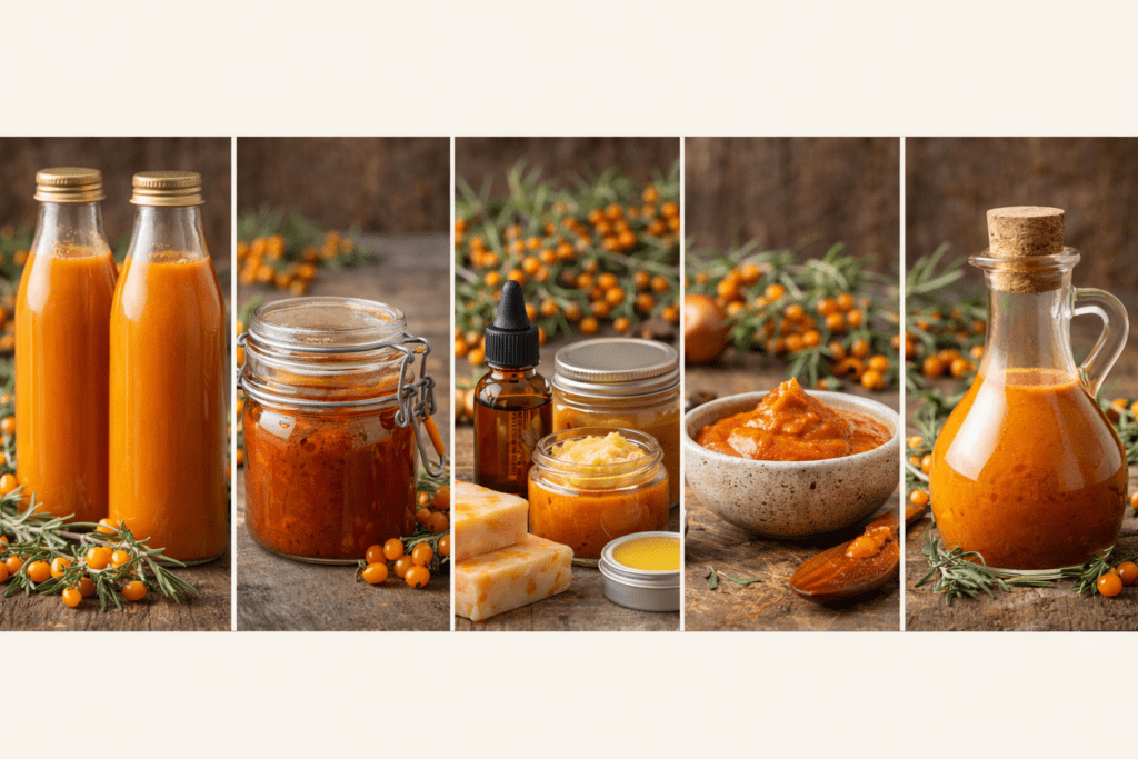 Commercial seaberry products including juice, syrup, sauce, vinaigrette, and skincare made from fresh seaberries grown in Wisconsin