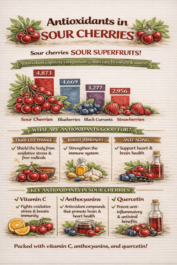 Illustrated infographic showing antioxidants and phytonutrients found in sour bush cherries, including anthocyanins and polyphenols, with visual comparisons to other fruits.
