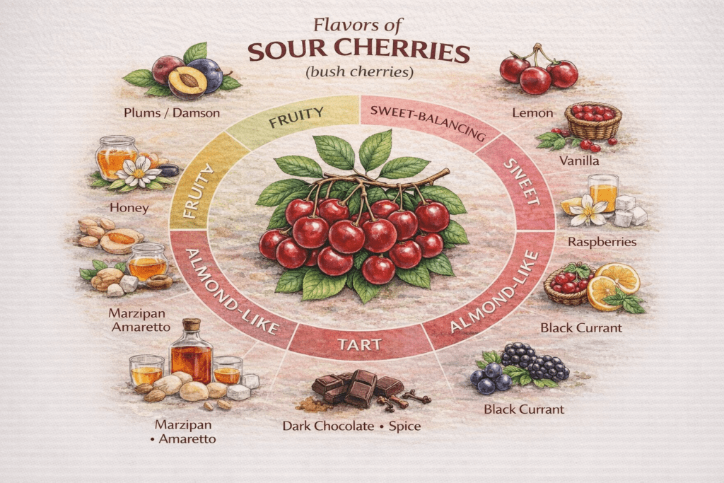 Flavor map of sour cherries showing tart, almond-like, fruity, and sweet-balancing flavor pairings including plum, black currant, vanilla, honey, and dark chocolate.