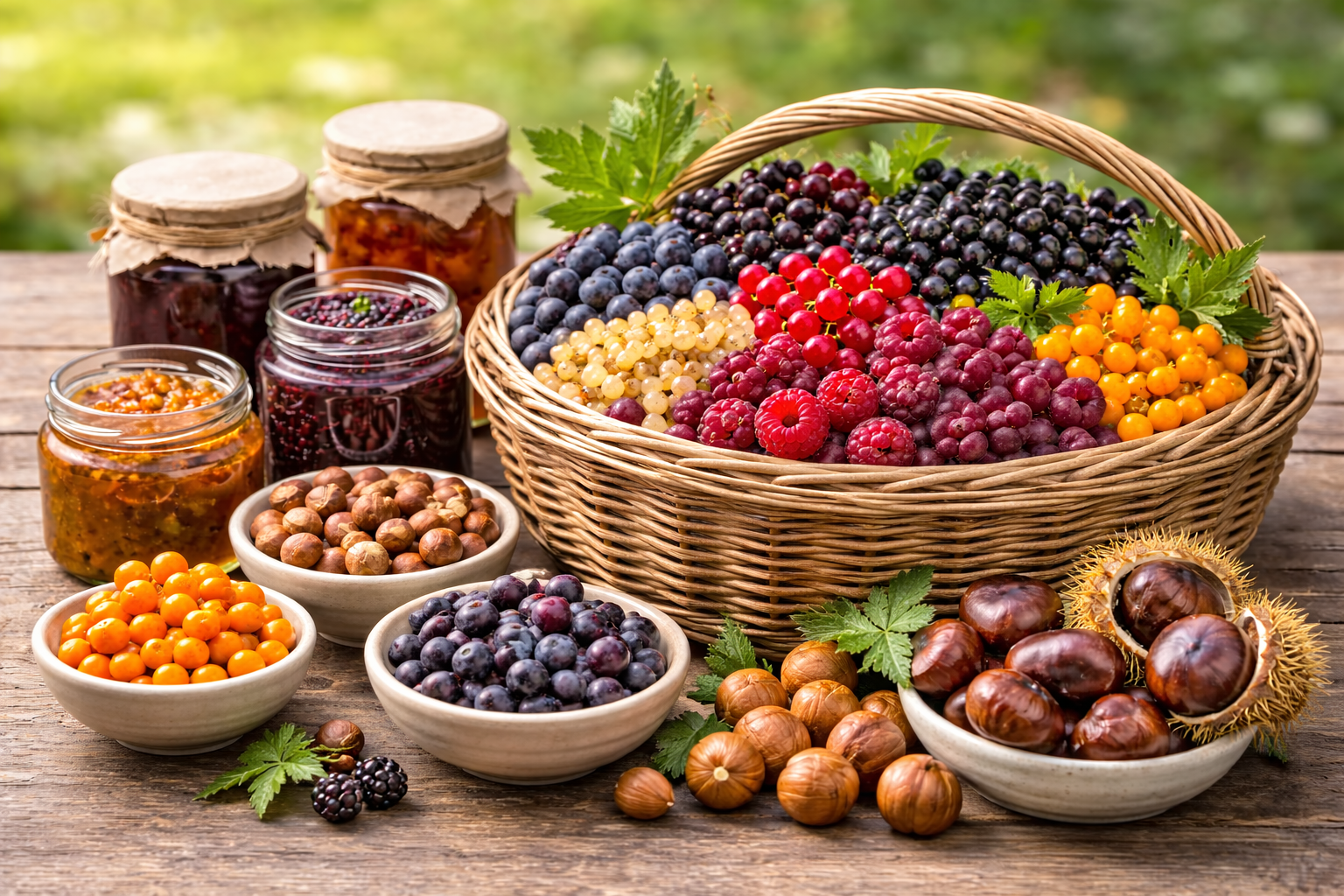 Specialty fruits and nuts grown at a perennial farm in Southern Wisconsin, including currants, aronia, juneberries, seaberries, hazelnuts, and chestnuts.