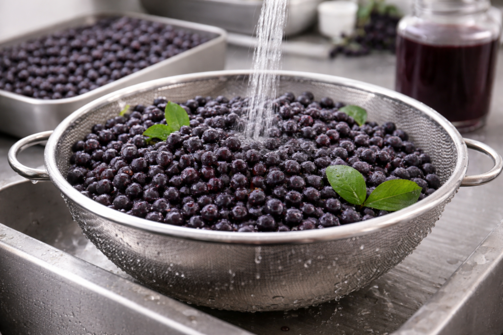 Freshly harvested aronia berries being washed before processing