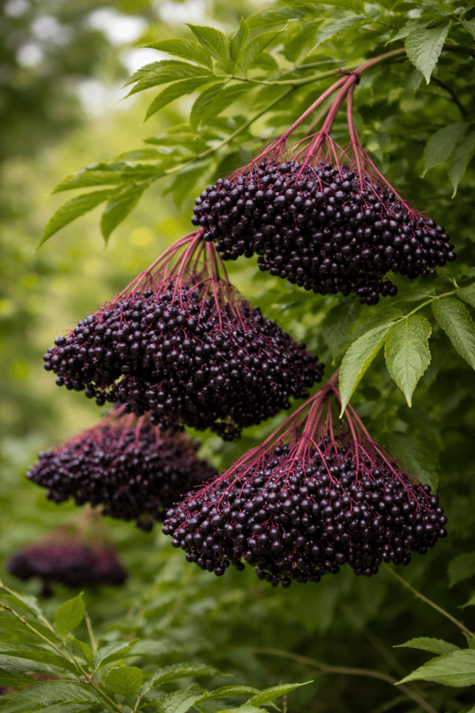 Large ripe clusters of York American elderberries growing on shrubs at a U-pick farm in Brodhead Wisconsin