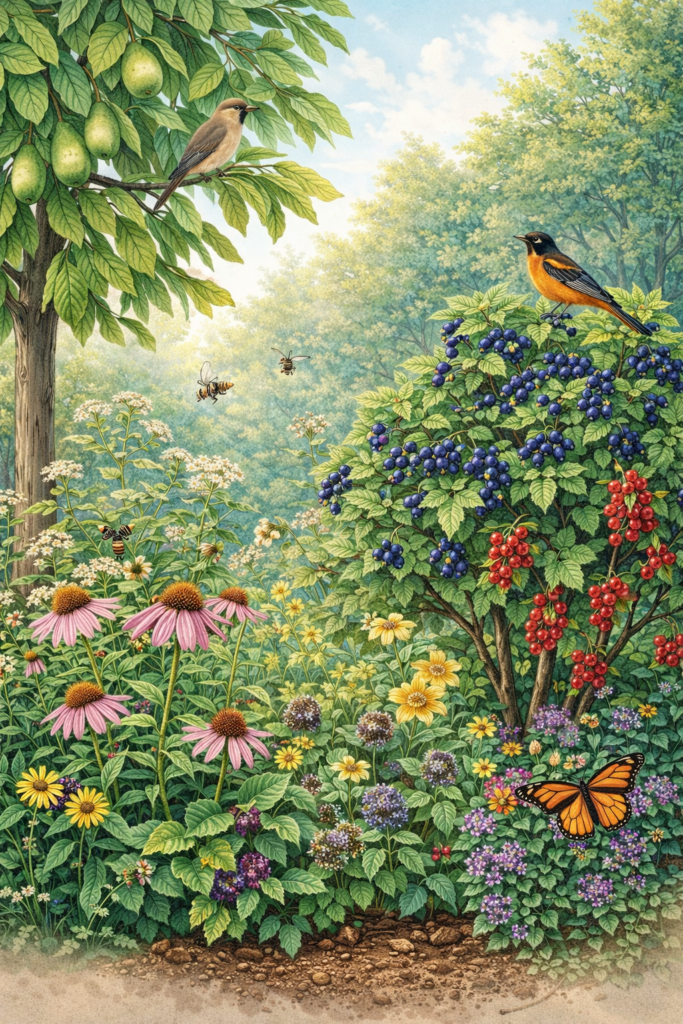 Biodiversity food forest with pawpaw trees, currants, juneberries, pollinators, and birds at Nuts About Dee’s Berries in Brodhead, Wisconsin.