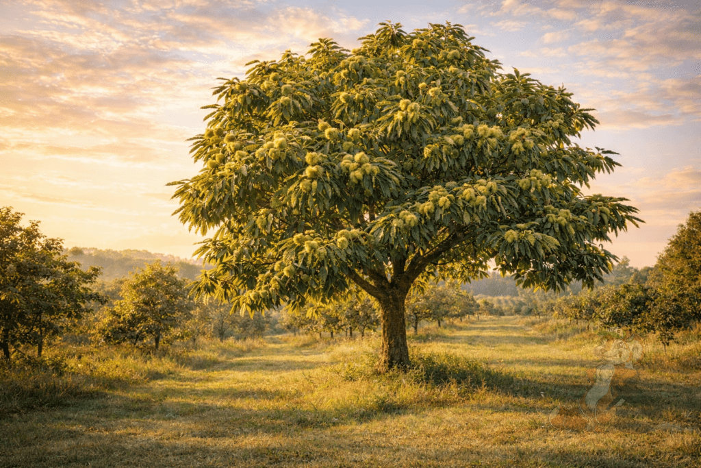 Mature chestnut tree in a perennial agroforestry orchard in Brodhead, Wisconsin during golden hour.