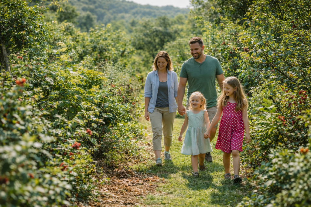 Family walking through a food forest at a U-pick farm in Southern Wisconsin
