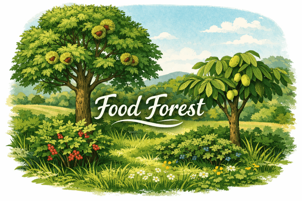 Illustration of a food forest showing chestnut canopy trees, pawpaw understory, and fruiting shrubs with grassy ground cover