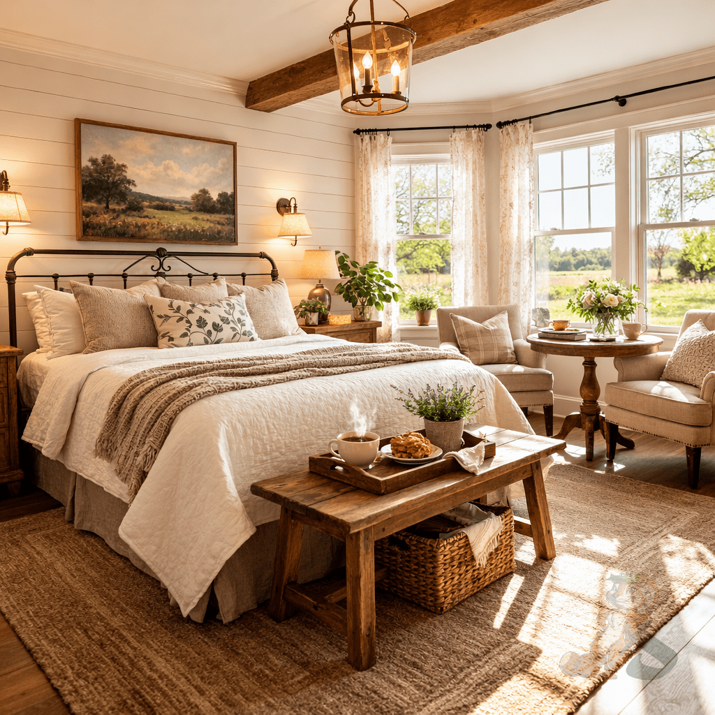 Cozy bed and breakfast room in Green County WI near Brodhead with rustic farmhouse decor and natural light