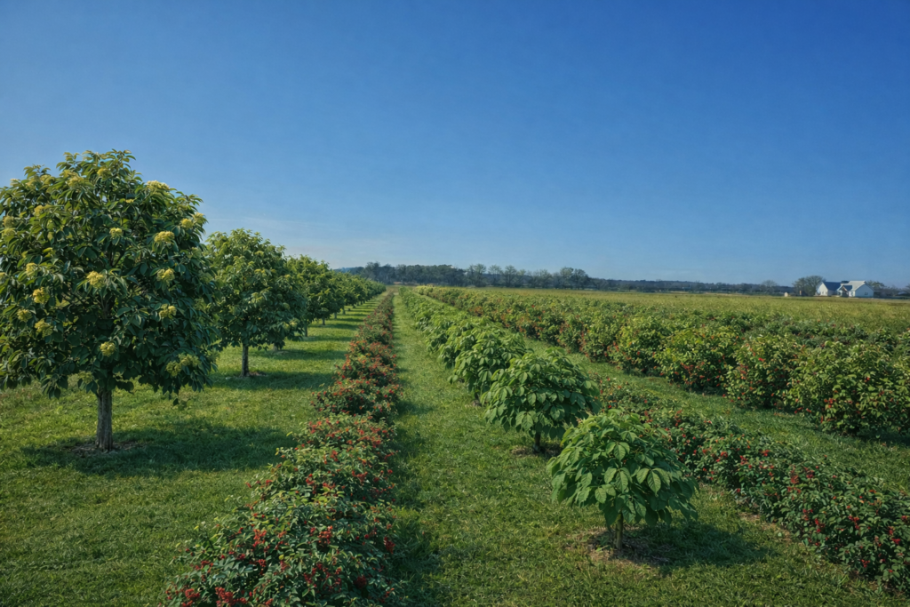 Agroforestry farm layout showing two rows of young trees followed by one row of shrubs with permanent ground cover at Nuts About Dee’s Berries in Brodhead, Wisconsin