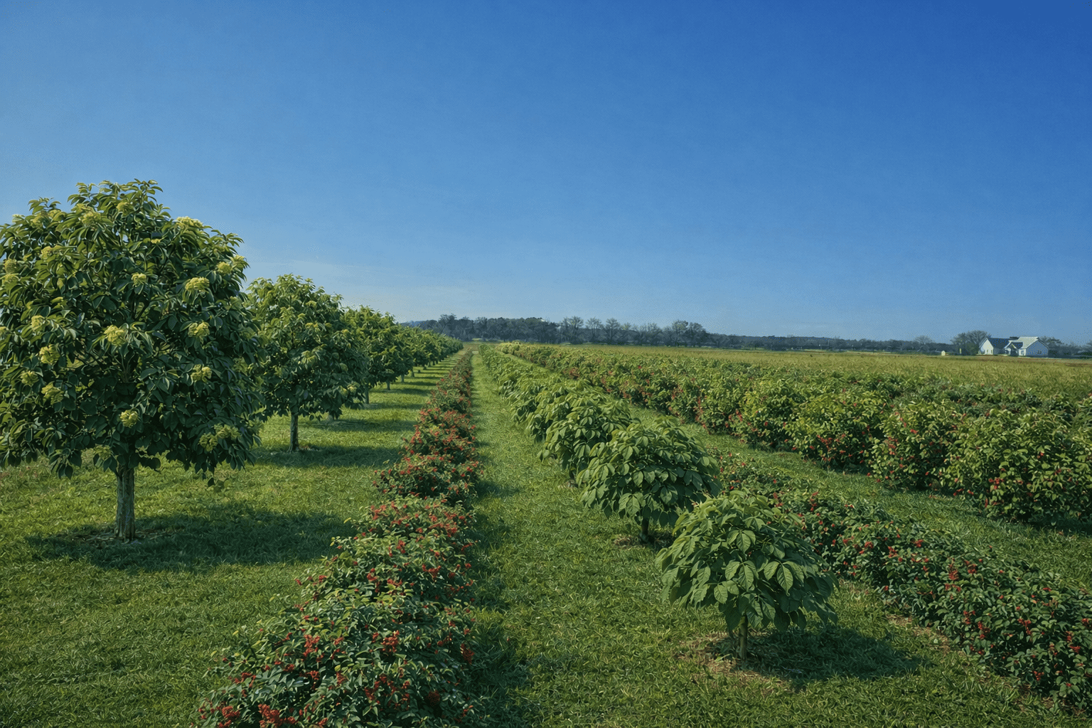 Agroforestry farm layout showing two rows of young trees followed by one row of shrubs with permanent ground cover at Nuts About Dee’s Berries in Brodhead, Wisconsin