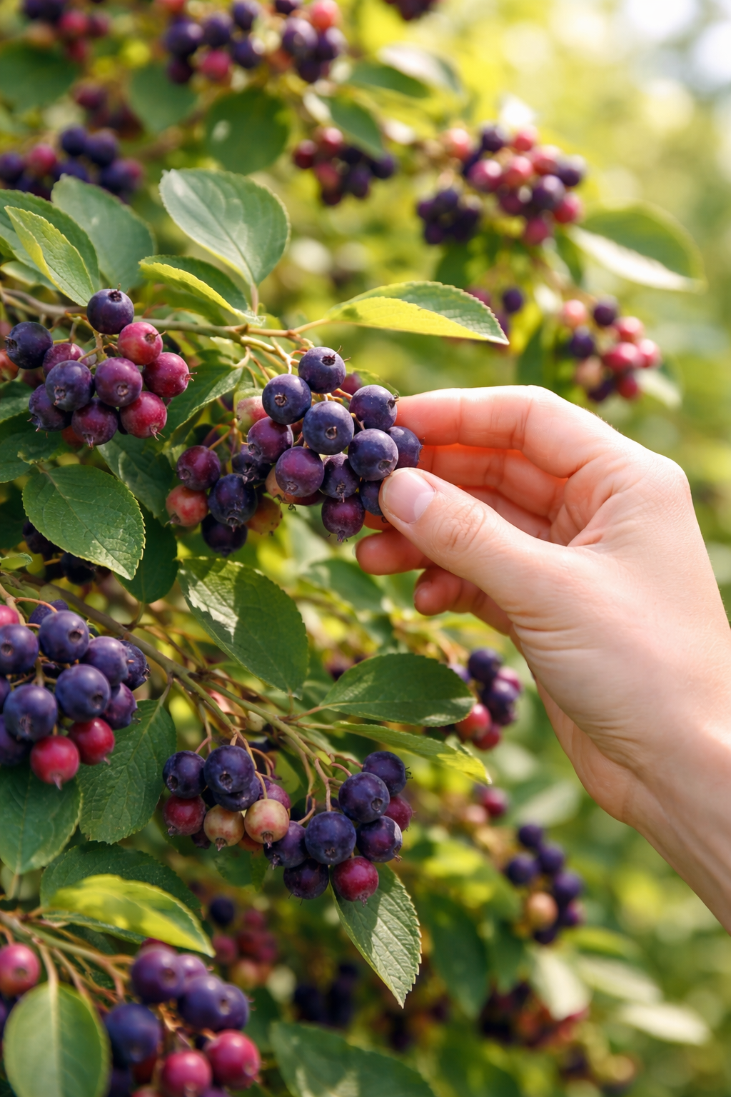 picking ripe juneberries during a U-Pick experience in southern Wisconsin