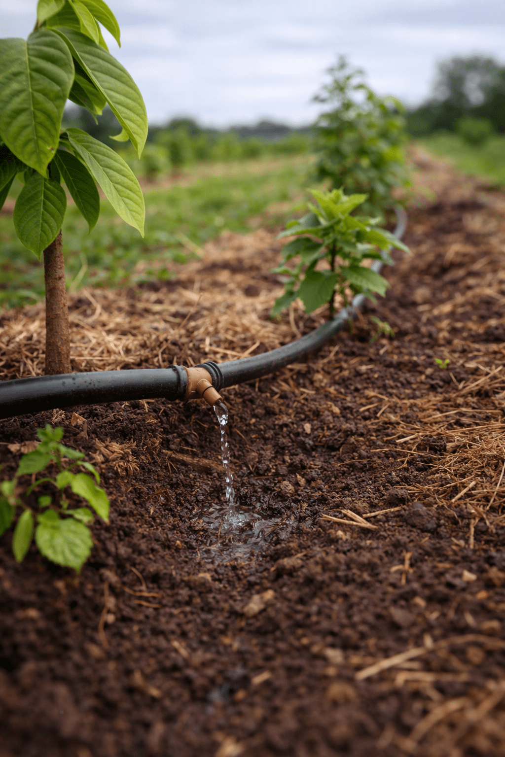 Micro-irrigation delivering water directly to the root zone of young perennial crops in a no-till agroforestry system in southern Wisconsin