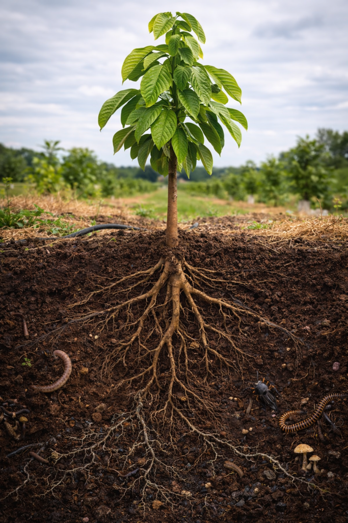 Cross-sectional view of a young perennial tree showing root development and active soil biology beneath the surface in a no-till agroforestry system in southern Wisconsin