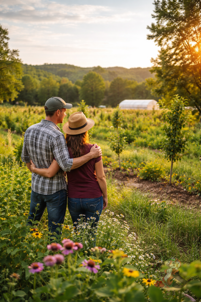 Couple standing in a diversified agroforestry orchard representing the mission of Nuts About Dee’s Berries