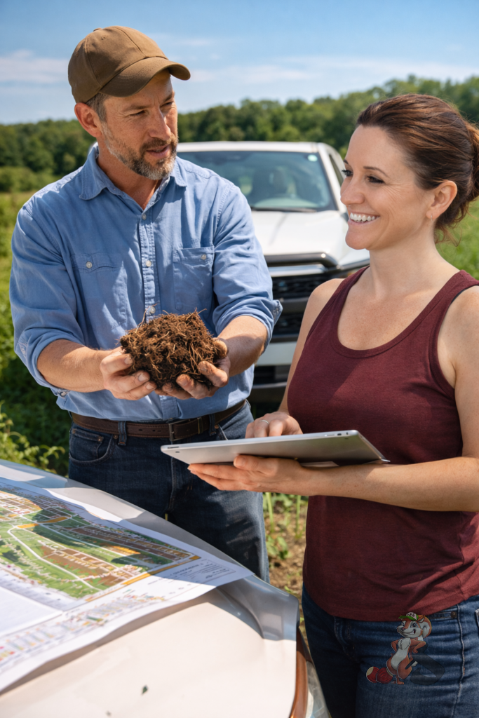 Farm partners reviewing soil health and orchard plans at Nuts About Dee’s Berries agroforestry farm