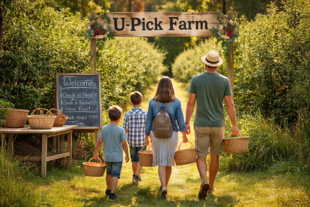Family arriving at a U-pick farm in Southern Wisconsin, walking into orchard rows with baskets to begin their visit.