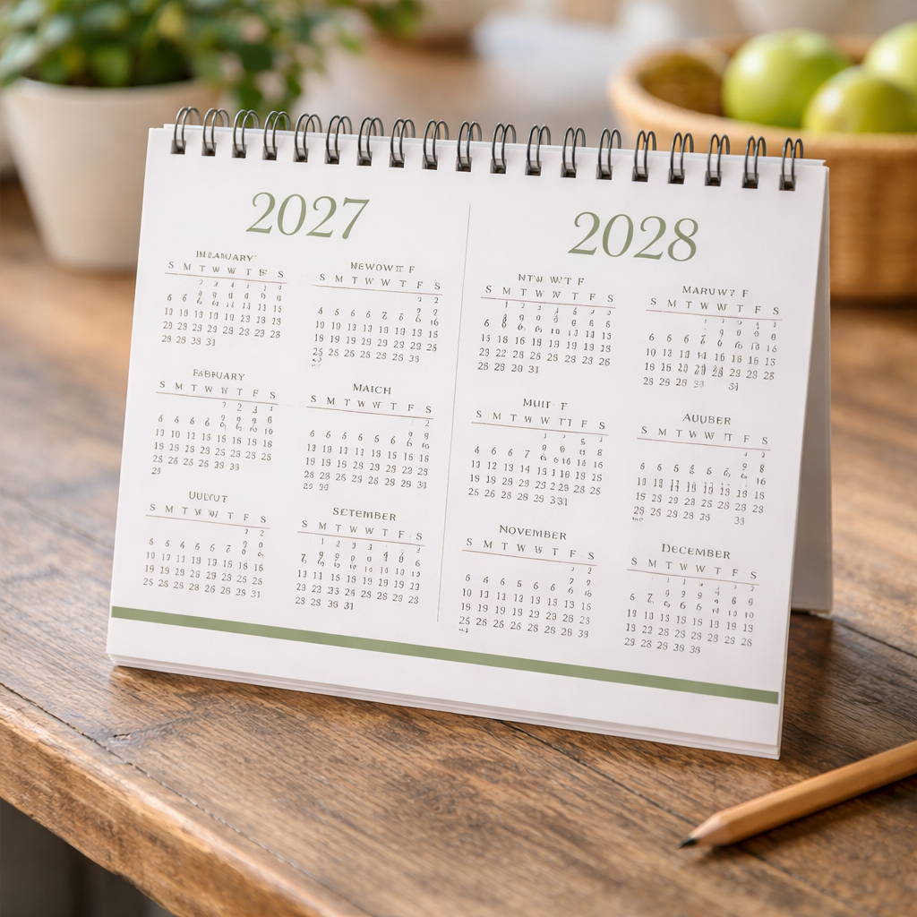 Calendar-style illustration highlighting 2027 and 2028 as the anticipated public opening timeline for a developing food forest farm.