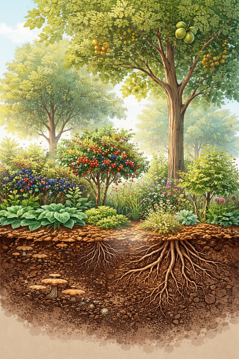 Illustration showing a perennial food forest with trees, shrubs, ground cover, and deep root systems building healthy soil