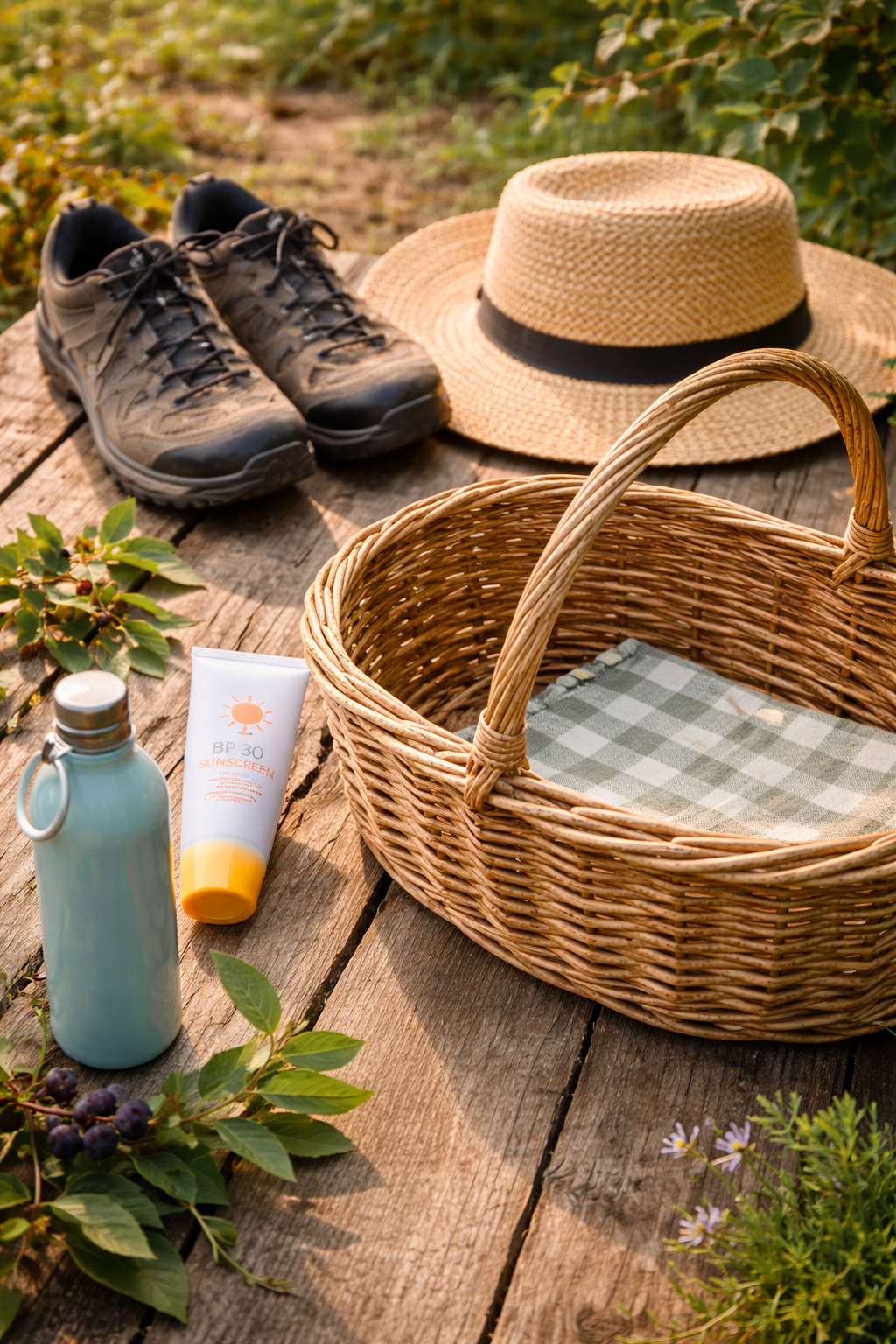 Outdoor essentials for a U-Pick visit, including closed-toe shoes, sun hat, water bottle, sunscreen, and basket on a farm table