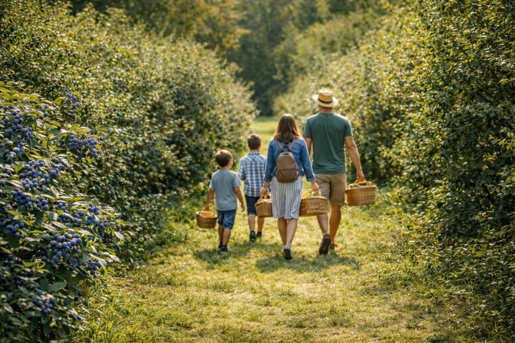 Family walking through a walkable food forest at a U-pick farm in the Greater Madison, Wisconsin area.
