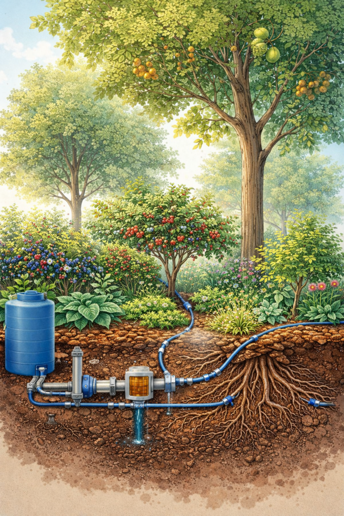 Water-wise agroforestry system with micro-irrigation and inline nutrients at Nuts About Dee’s Berries in Brodhead, Wisconsin.