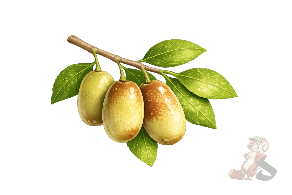 Mid-season blushing jujube fruit turning light brown with red speckles on branch at Nuts About Dee’s Berries in Brodhead Wisconsin