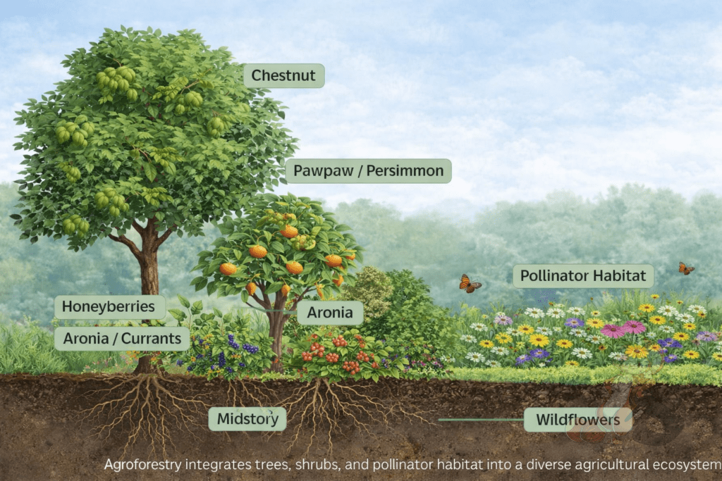Agroforestry system showing trees, shrubs, and pollinator habitat layers at a farm in Brodhead, Wisconsin