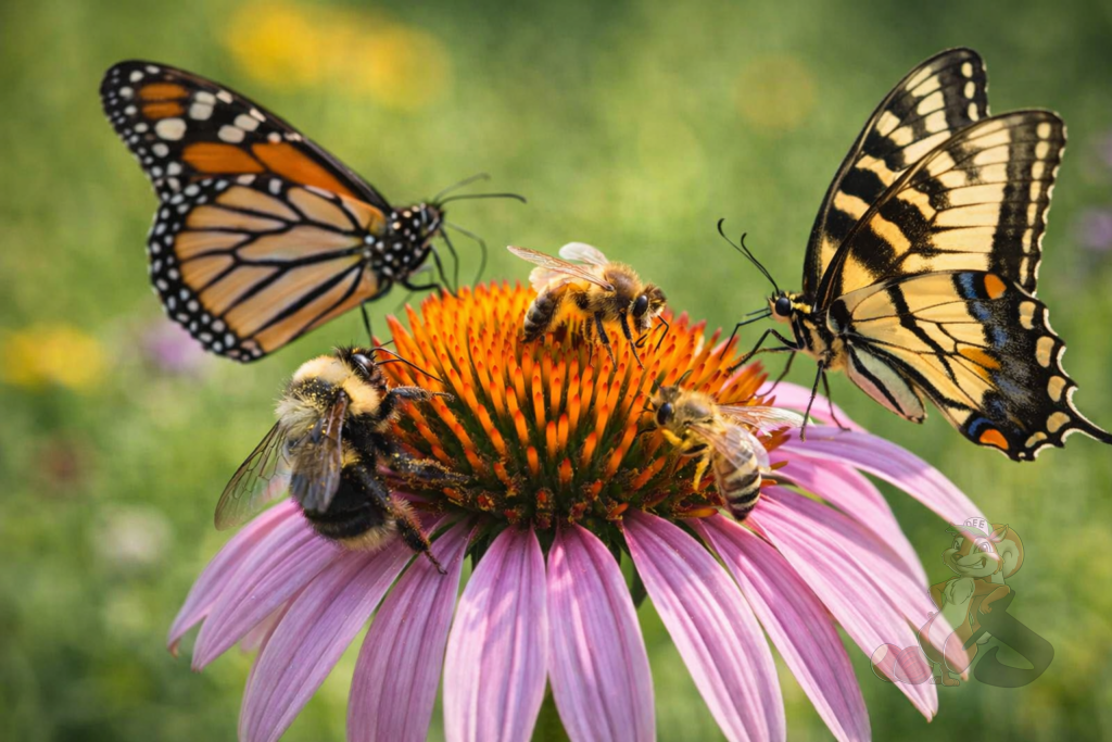Purple coneflower supporting multiple pollinators including bees and butterflies in pollinator habitat
