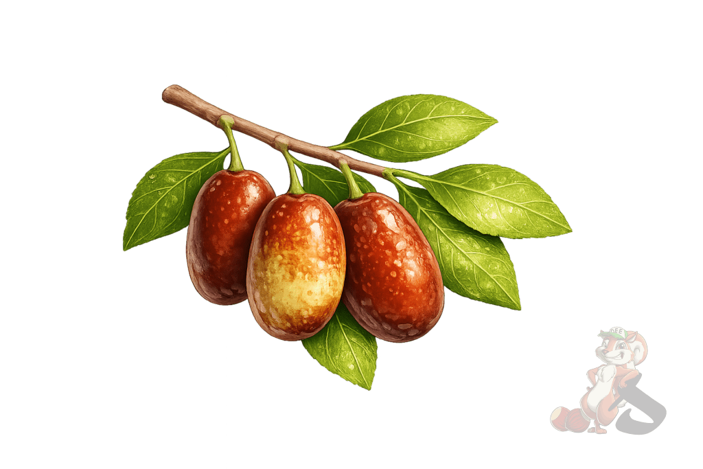 Fully ripe brown jujube fruit on branch showing late-season stage at Nuts About Dee’s Berries farm in Brodhead Wisconsin