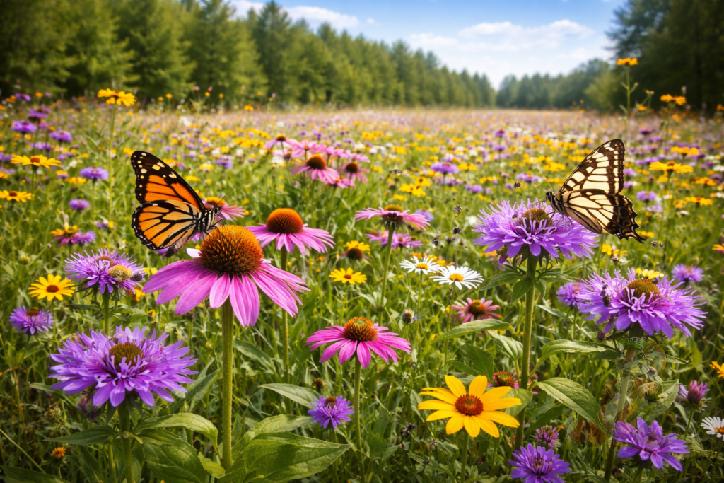 Pollinator habitat with wildflowers supporting bees and butterflies at Nuts About Dee’s Berries farm in Wisconsin