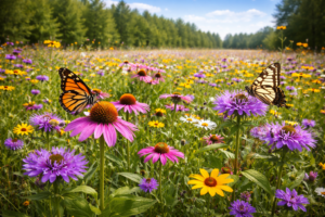 Pollinator habitat with wildflowers supporting bees and butterflies at Nuts About Dee’s Berries farm in Wisconsin