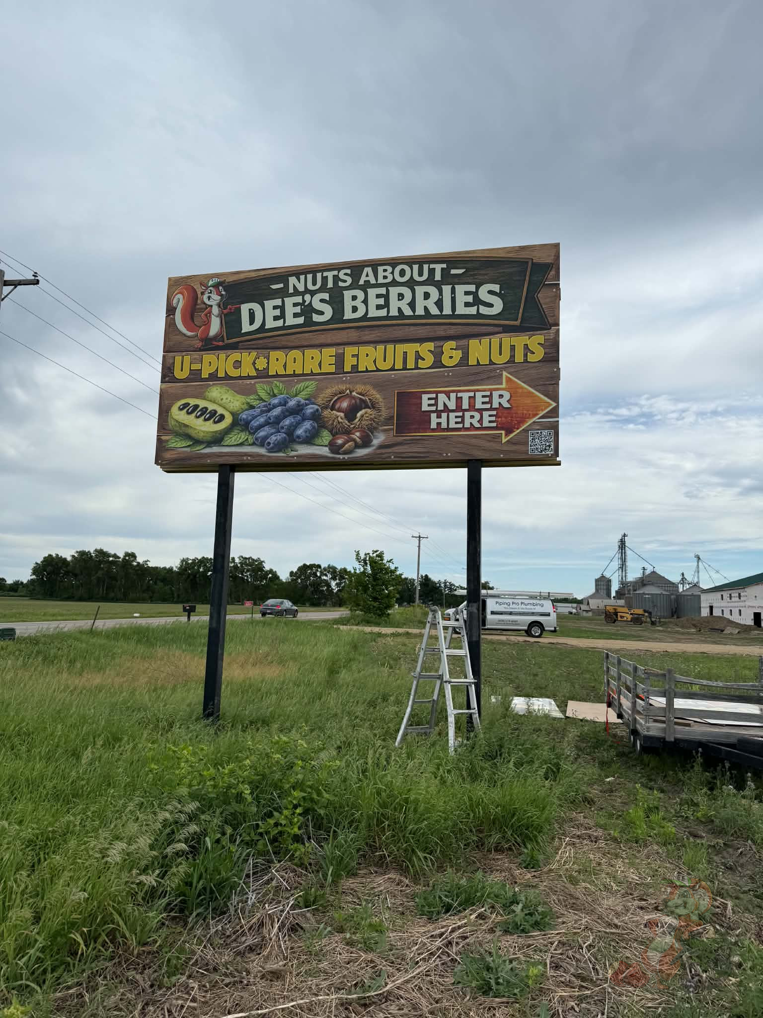 Nuts About Dee's Berries billboard sign along Highway 104 in Brodhead Wisconsin promoting U-pick rare fruits and nuts including pawpaw, chestnuts, and berries.