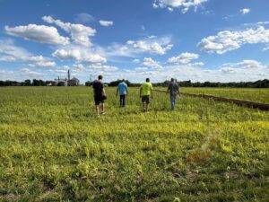 Irrigation installation team reviewing orchard irrigation layout and progress at Nuts About Dee's Berries.